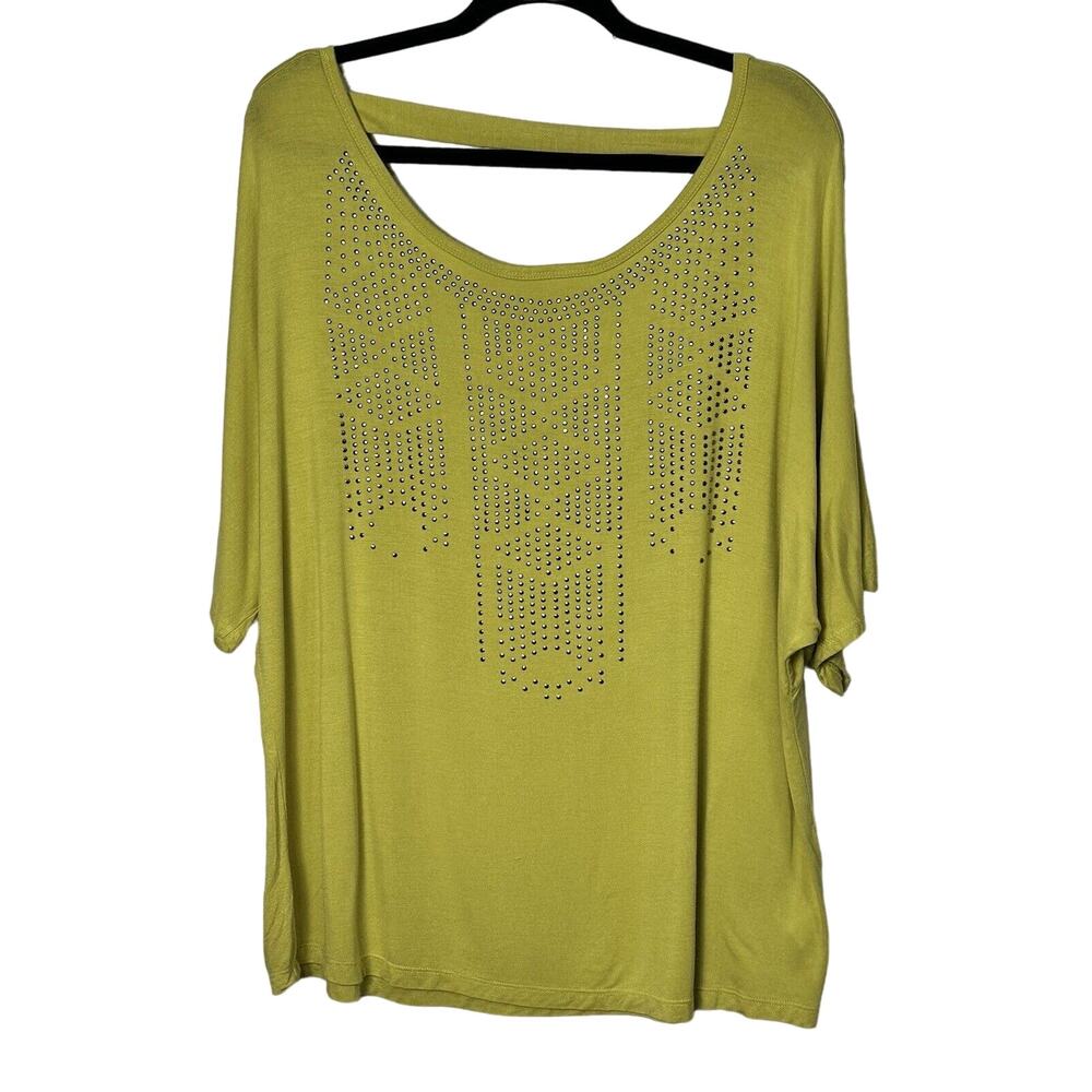 Kenar Women’s Yellow-Green Studded Top Short Sleeve Keyhole Back Stretch Size 1X